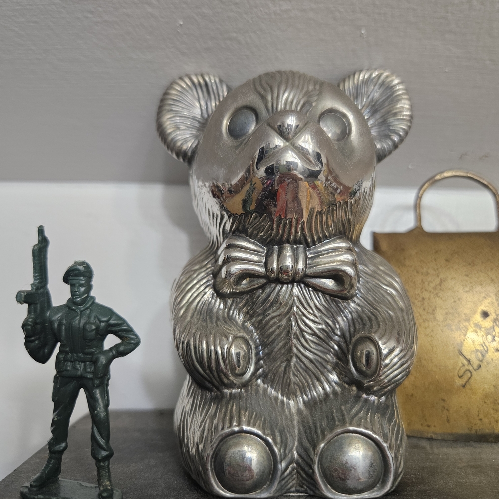 Vintage 1980s METAL Silver Teddy Bear Piggy Bank